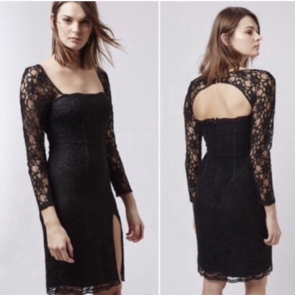 Topshop Black Lace Dress Long Sleeves Square Neckline High Slit size 8